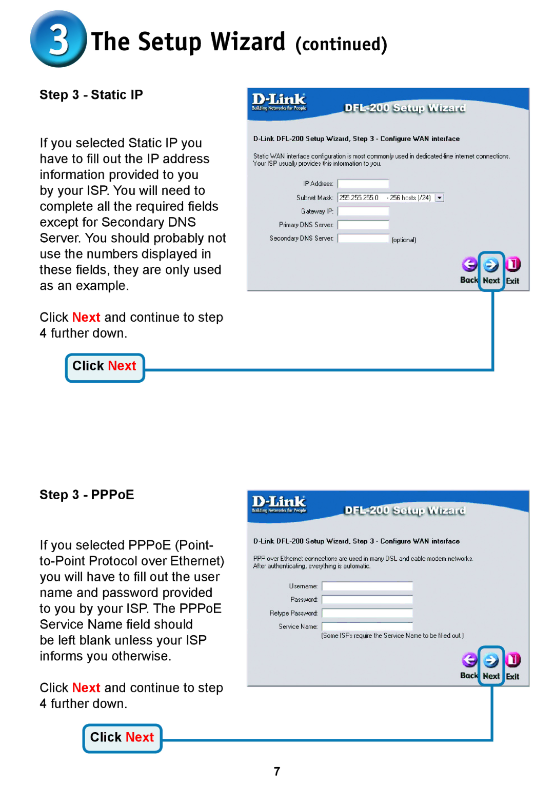 D-Link DFL-200 warranty Static IP, Click Next PPPoE 