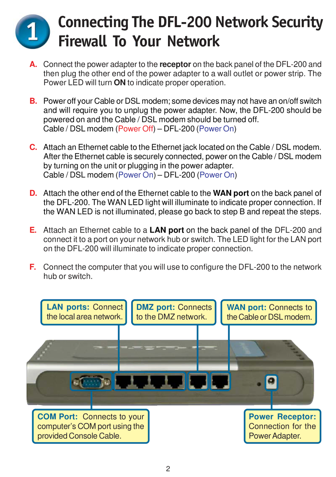 D-Link DFL-200 warranty Power Receptor 