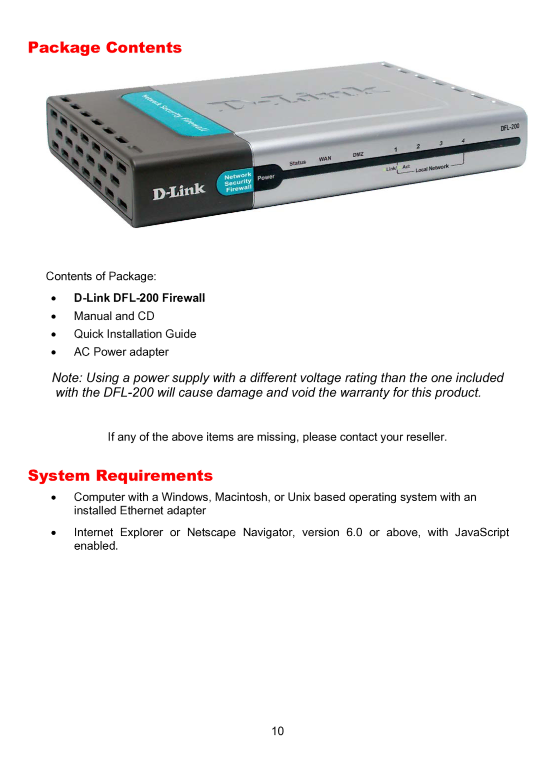 D-Link DFL-200 manual Package Contents, System Requirements 