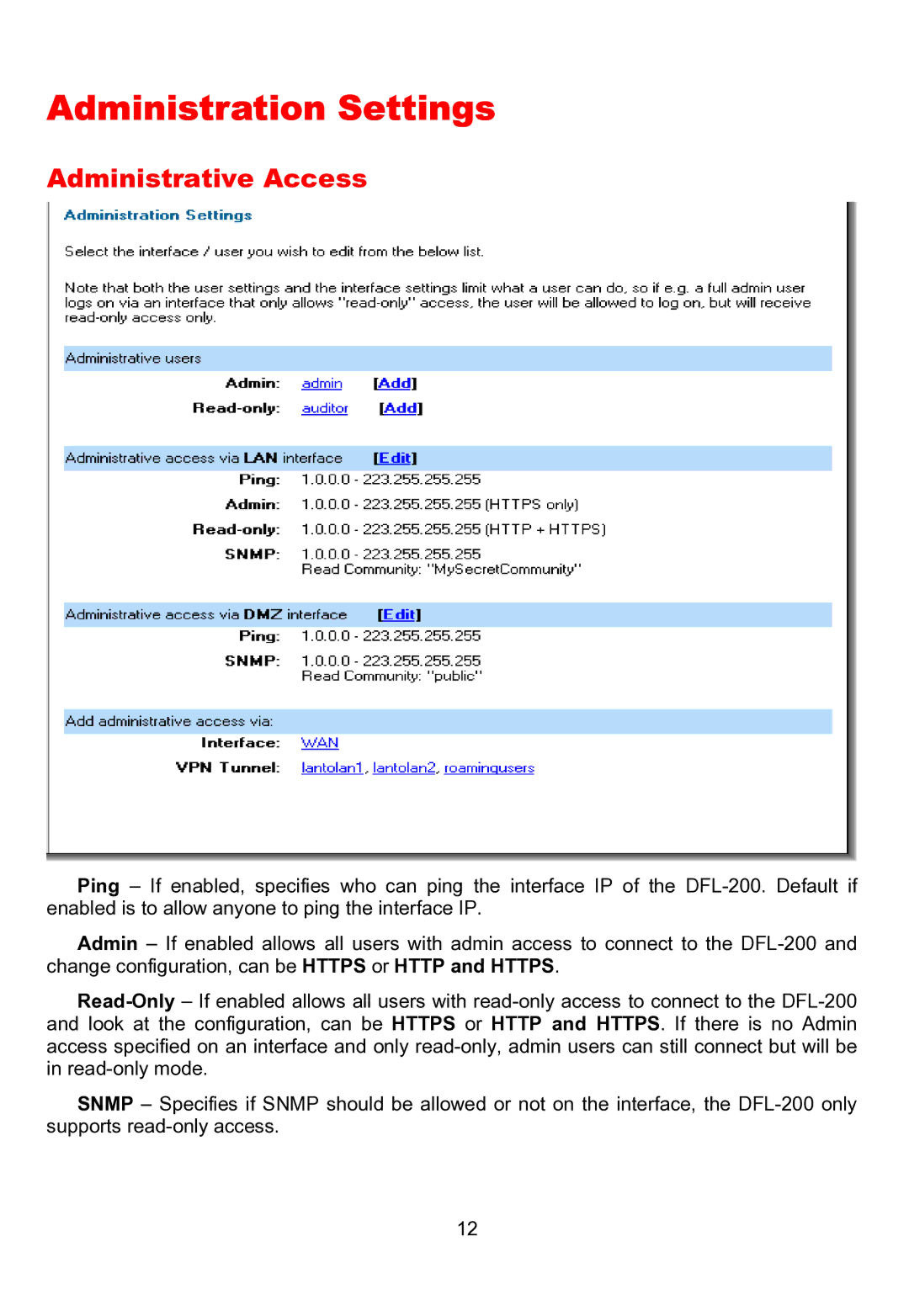 D-Link DFL-200 manual Administration Settings, Administrative Access 