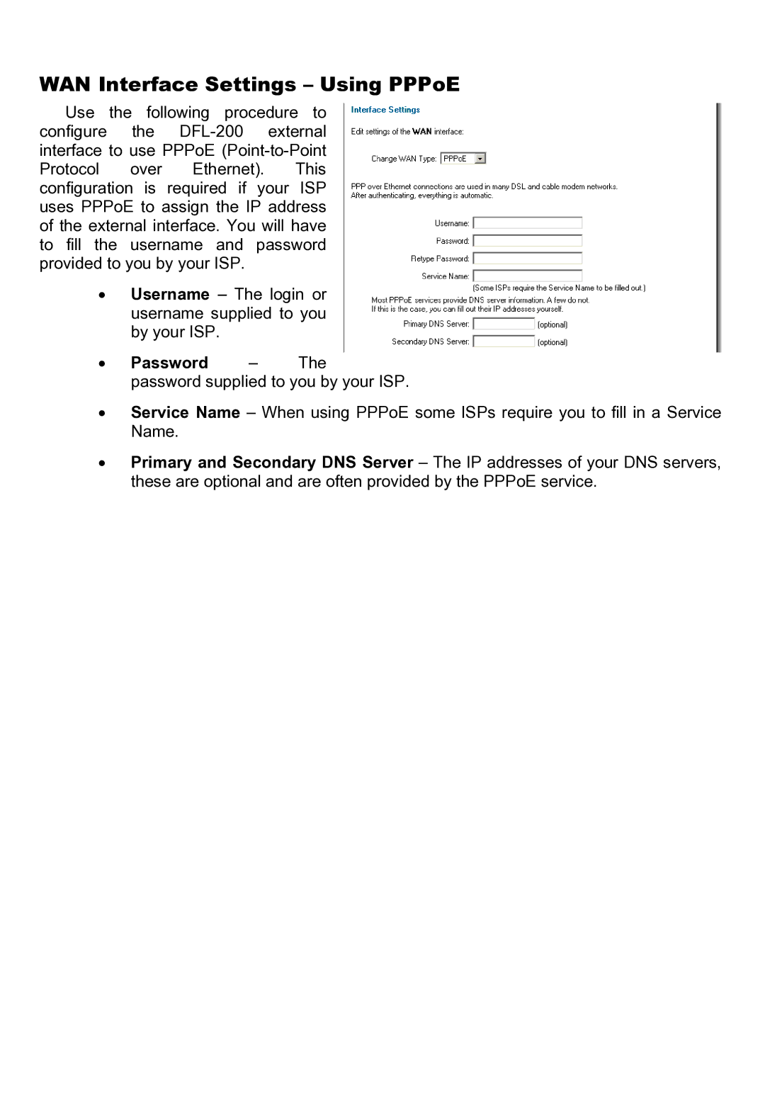 D-Link DFL-200 manual WAN Interface Settings Using PPPoE, Password 