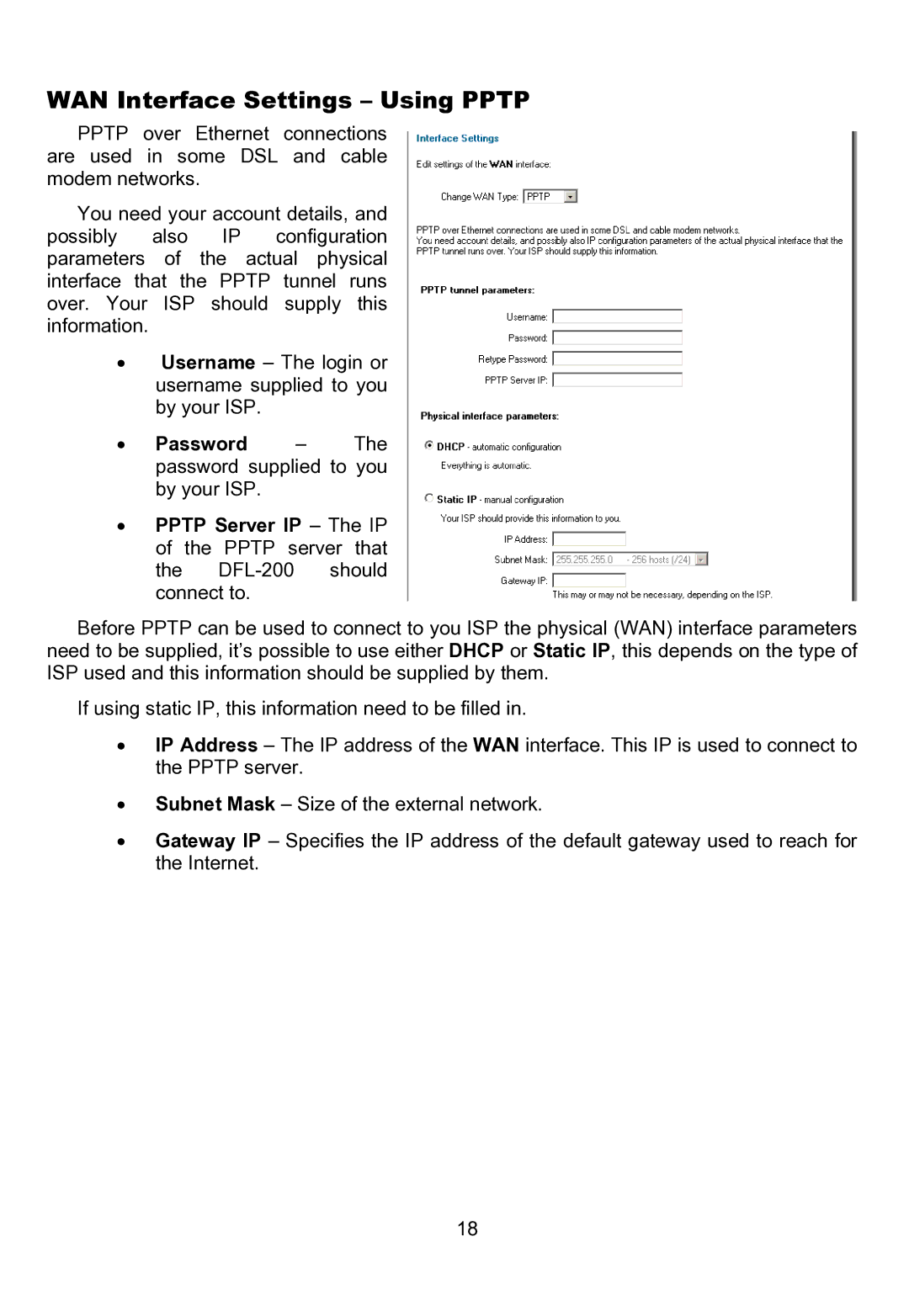 D-Link DFL-200 manual WAN Interface Settings Using Pptp 