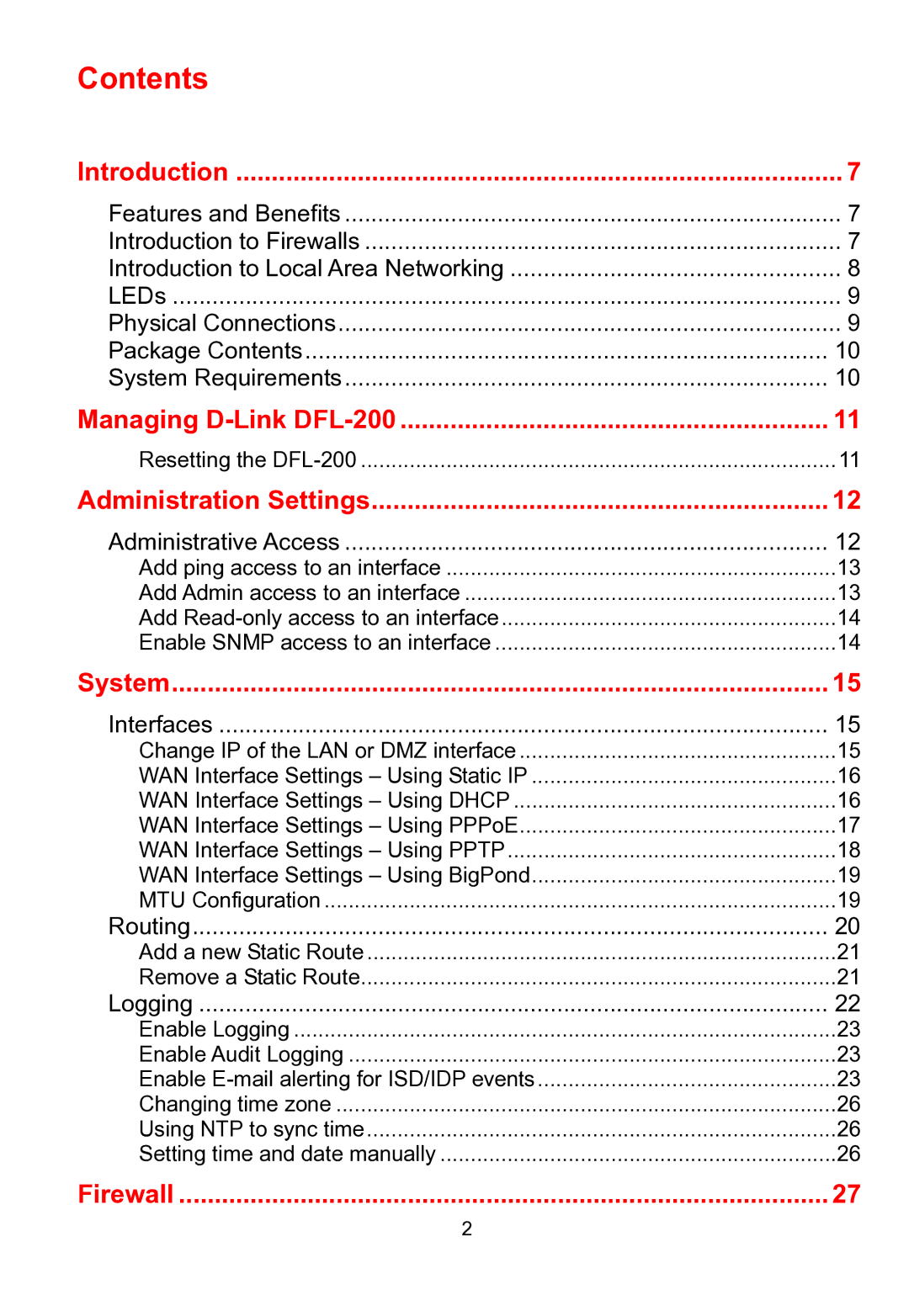 D-Link DFL-200 manual Contents 