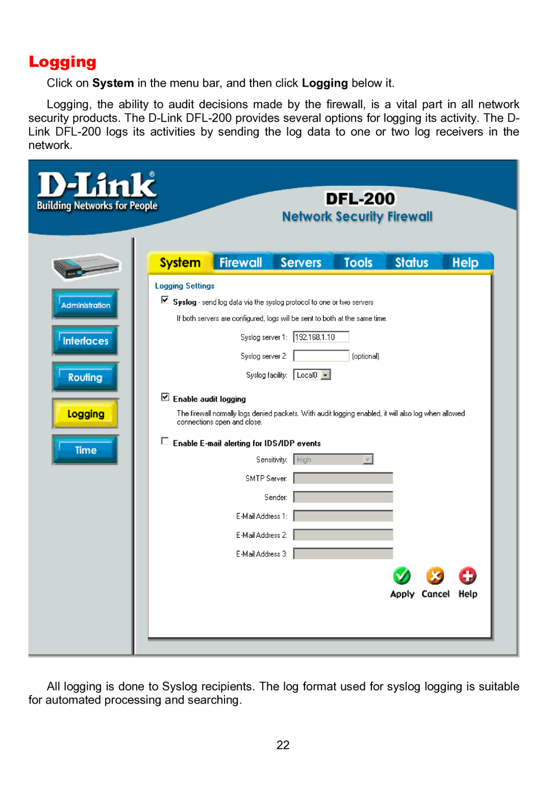 D-Link DFL-200 manual Logging 