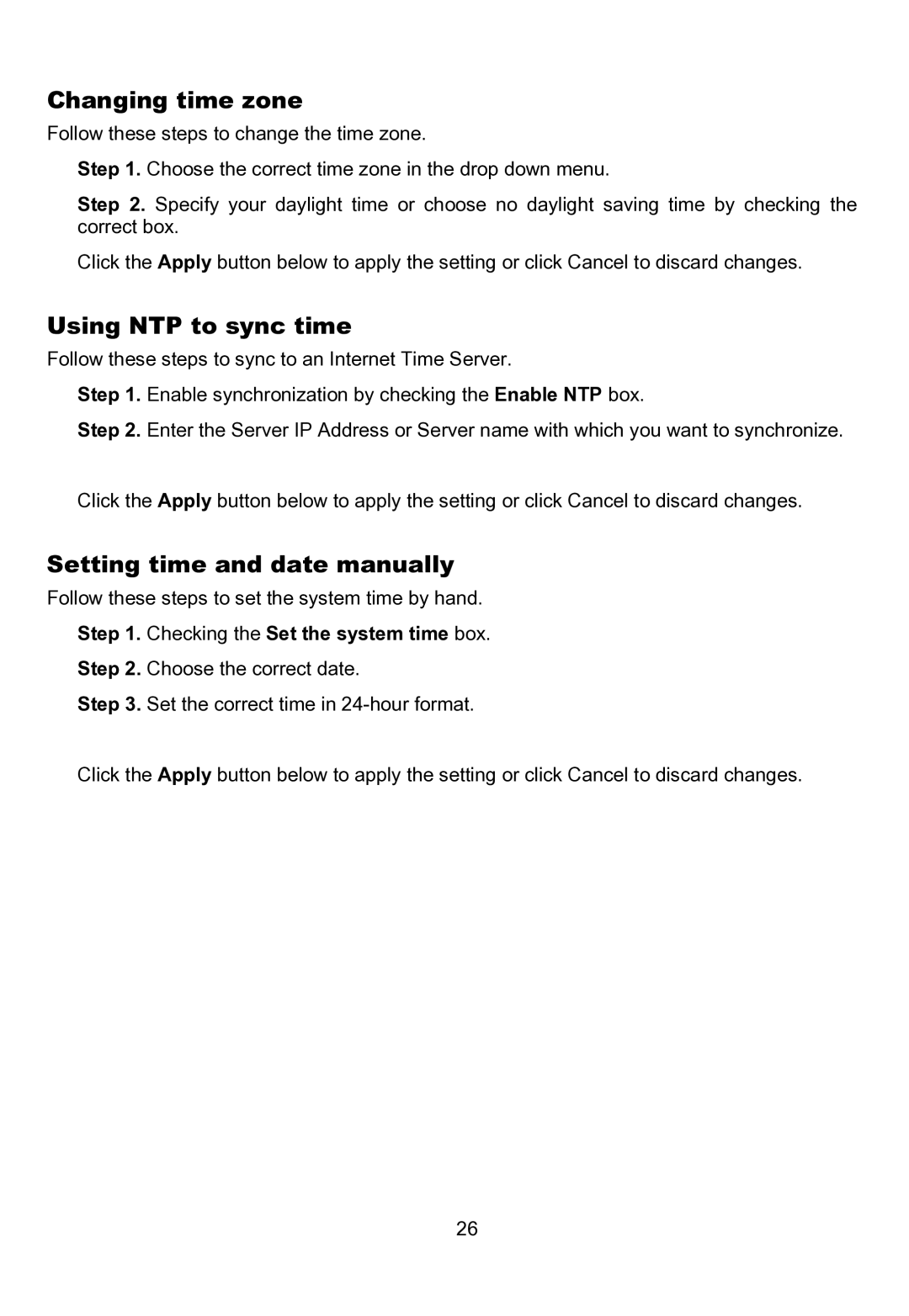 D-Link DFL-200 Changing time zone, Using NTP to sync time, Setting time and date manually 