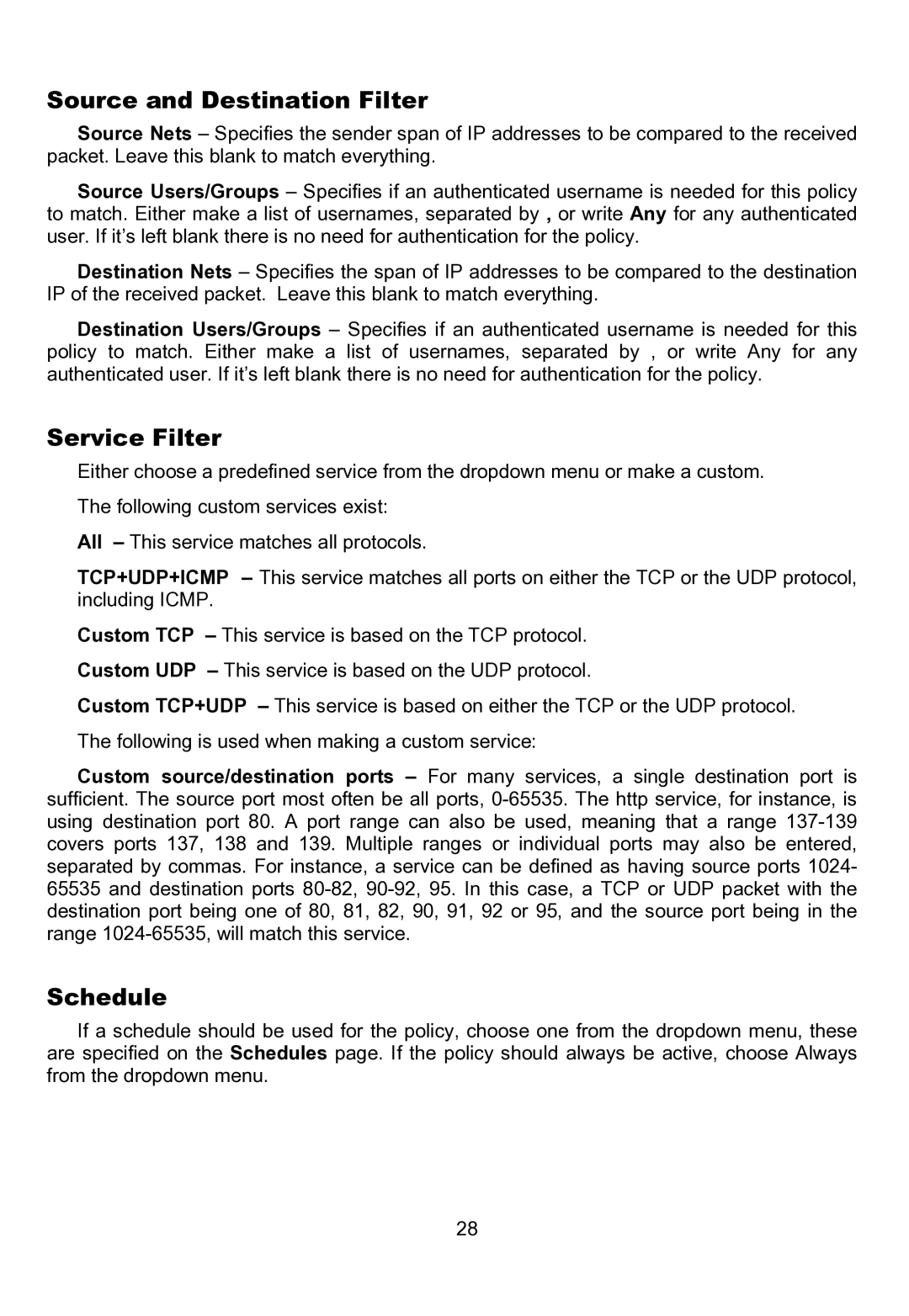 D-Link DFL-200 manual Source and Destination Filter, Service Filter, Schedule 