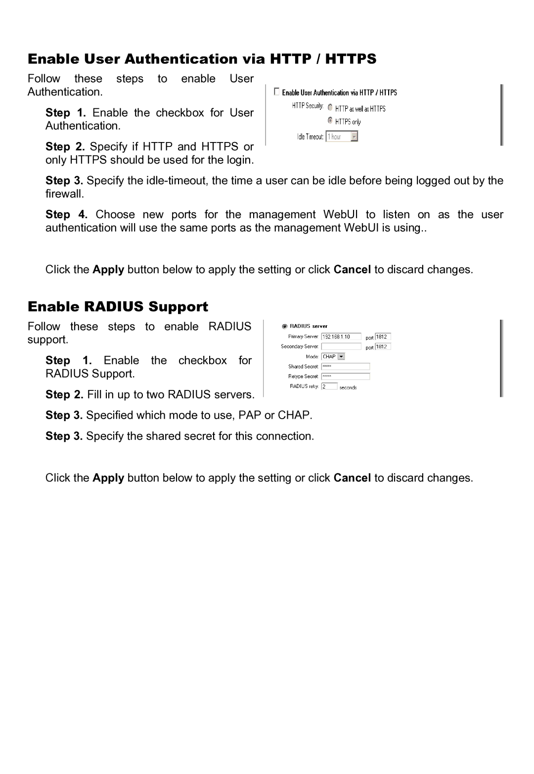 D-Link DFL-200 manual Enable User Authentication via Http / Https, Enable Radius Support 