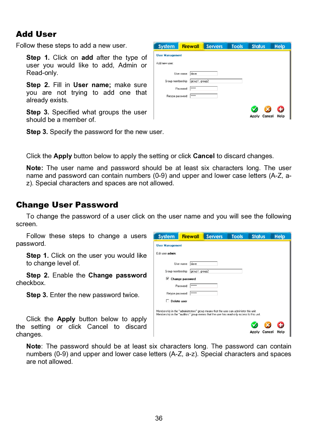 D-Link DFL-200 manual Add User, Change User Password, Enable the Change password checkbox 