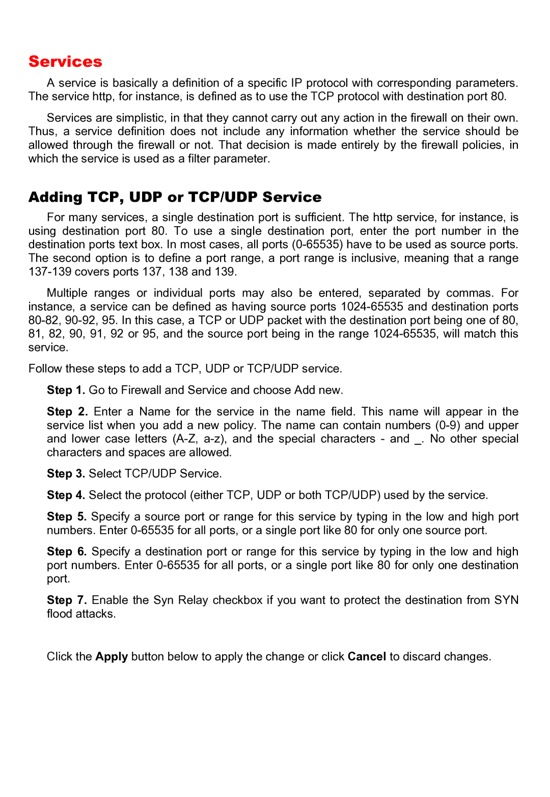 D-Link DFL-200 manual Services, Adding TCP, UDP or TCP/UDP Service 