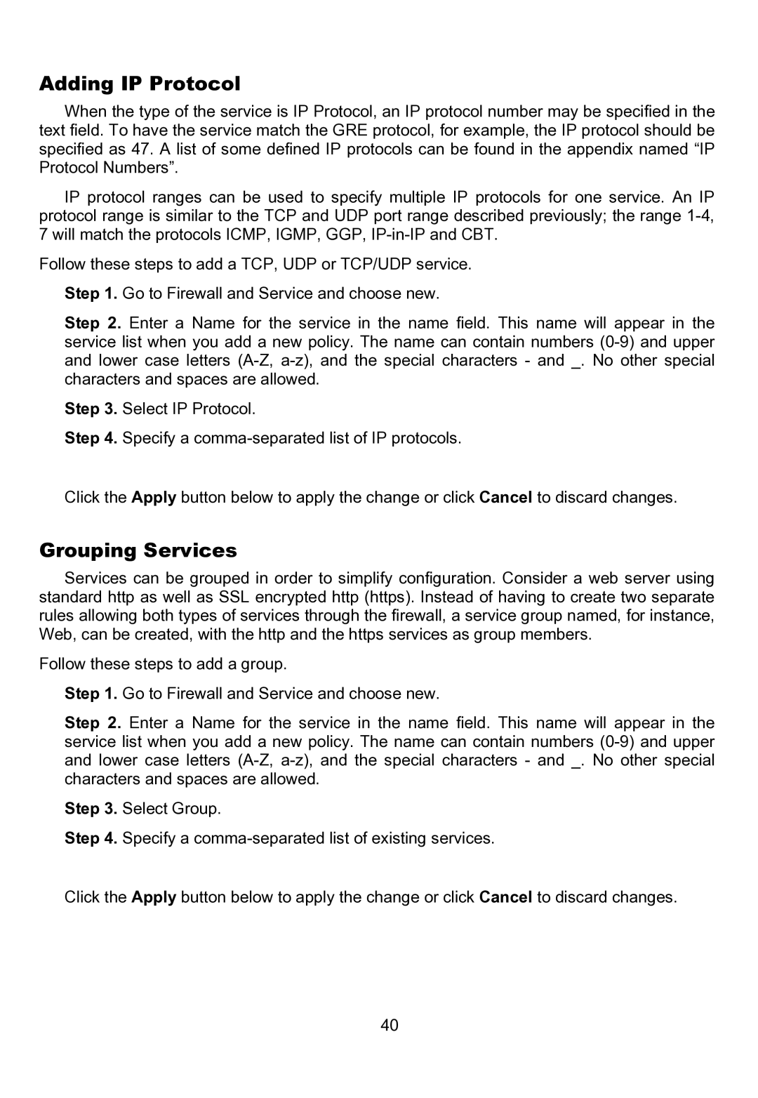 D-Link DFL-200 manual Adding IP Protocol, Grouping Services 