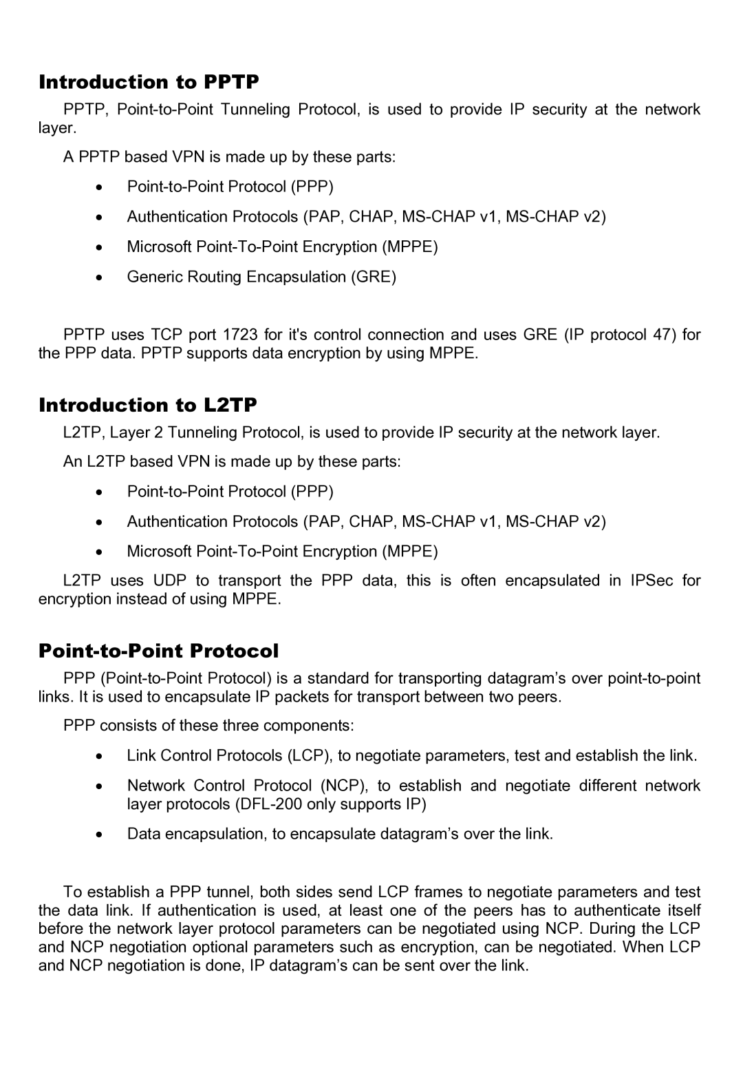 D-Link DFL-200 manual Introduction to Pptp, Introduction to L2TP, Point-to-Point Protocol 