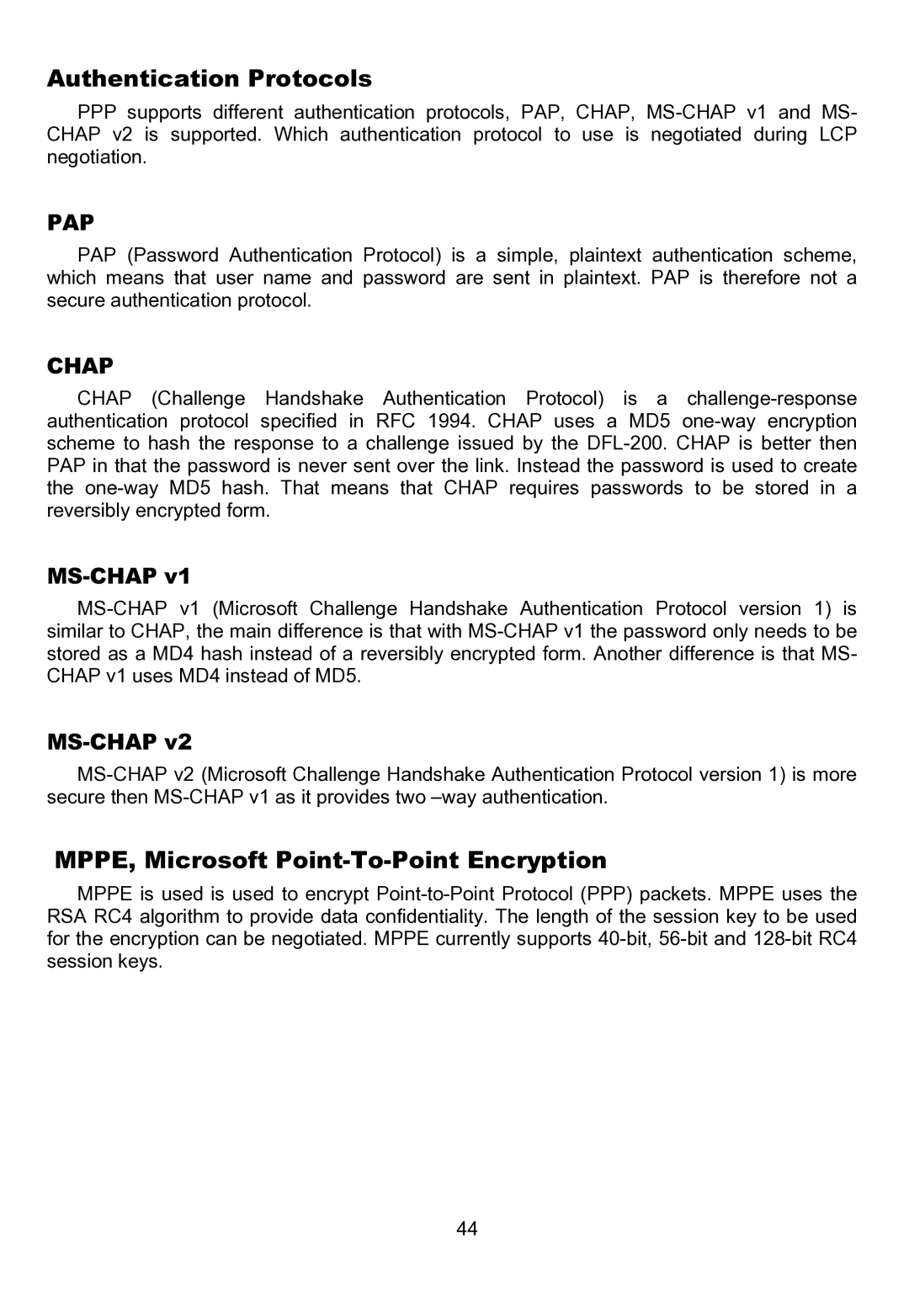 D-Link DFL-200 manual Authentication Protocols, MPPE, Microsoft Point-To-Point Encryption 