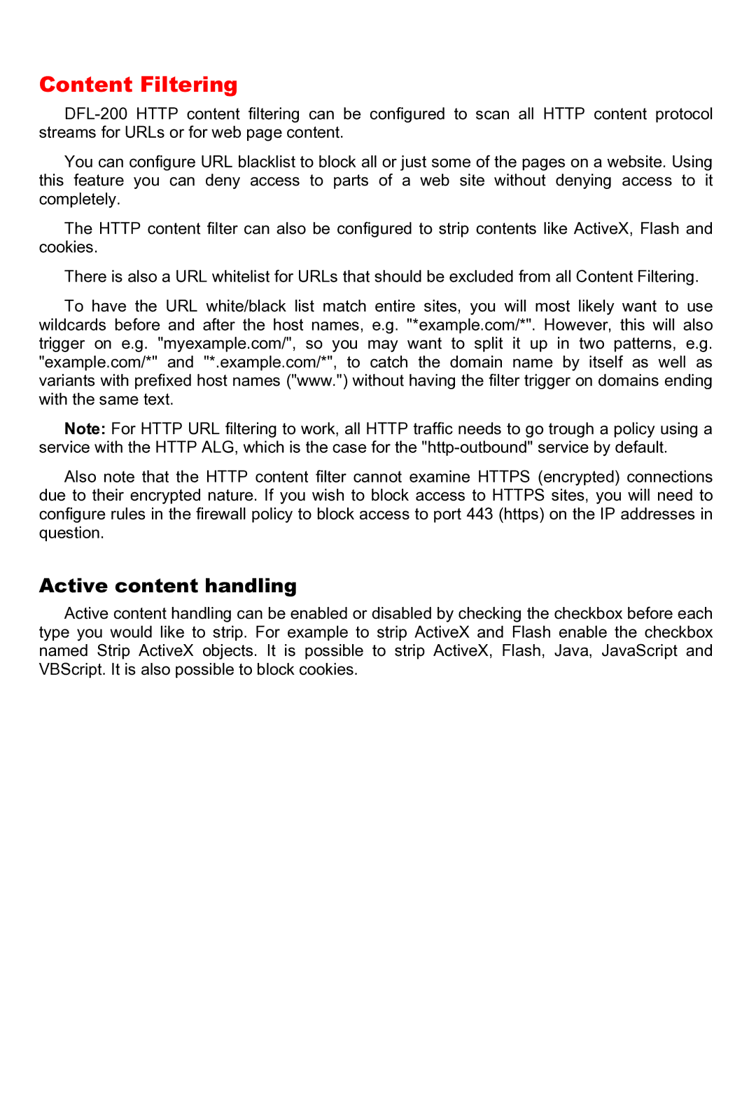 D-Link DFL-200 manual Content Filtering, Active content handling 