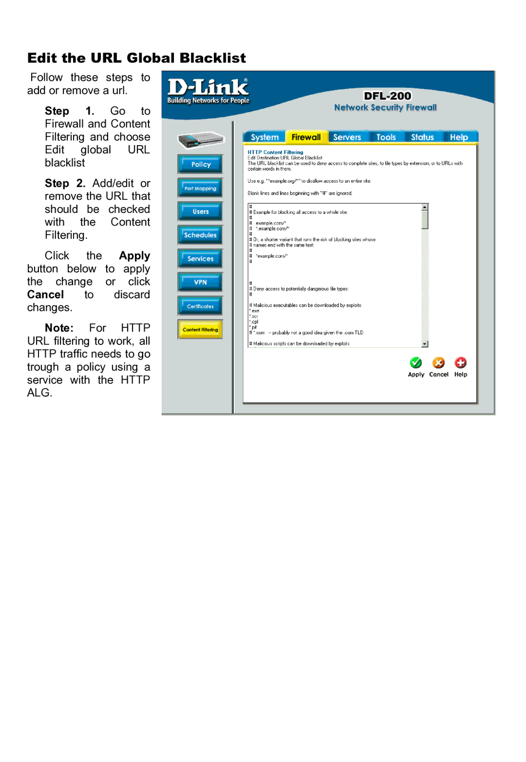 D-Link DFL-200 manual Edit the URL Global Blacklist 