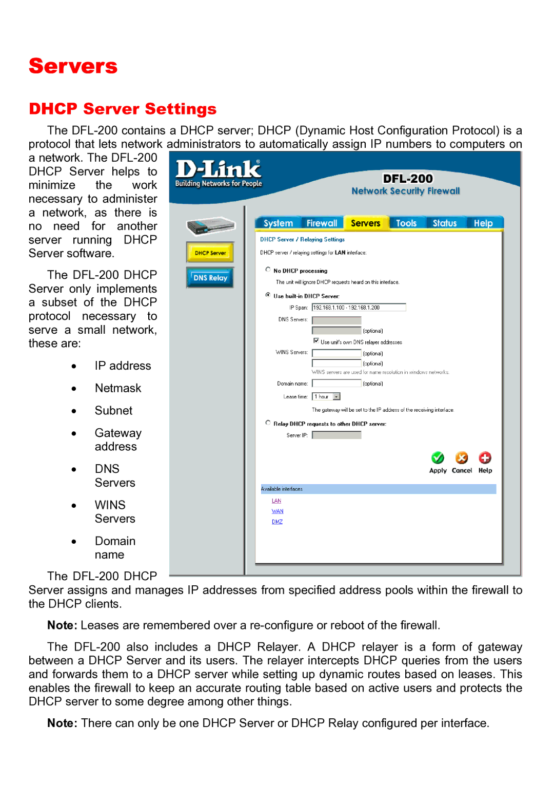 D-Link DFL-200 manual Servers, Dhcp Server Settings 