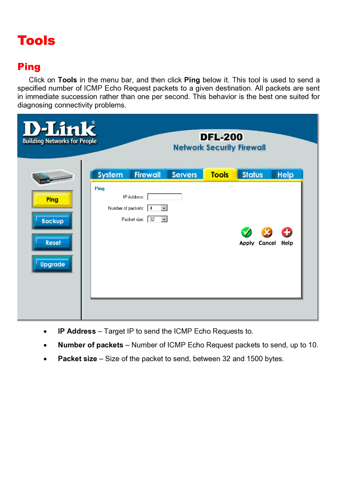 D-Link DFL-200 manual Tools, Ping 