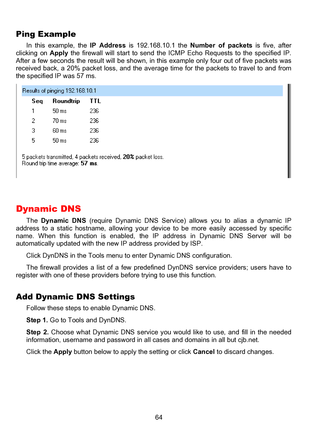 D-Link DFL-200 manual Ping Example, Add Dynamic DNS Settings 