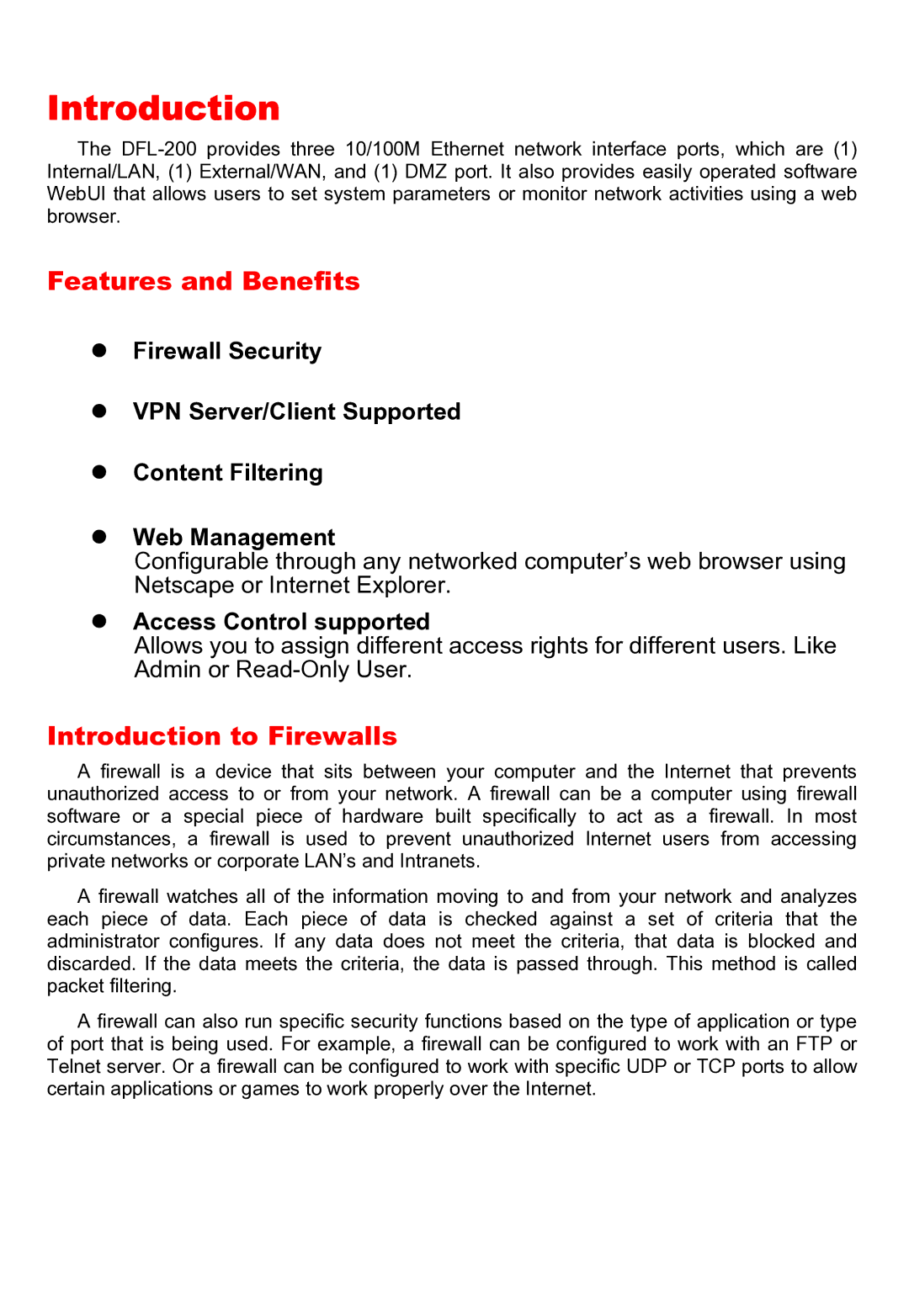 D-Link DFL-200 manual Features and Benefits, Introduction to Firewalls, Access Control supported 