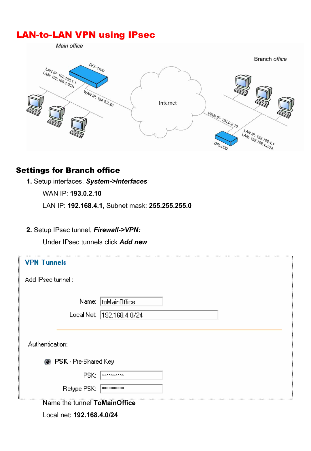 D-Link DFL-200 manual LAN-to-LAN VPN using IPsec, LAN IP 192.168.4.1, Subnet mask 