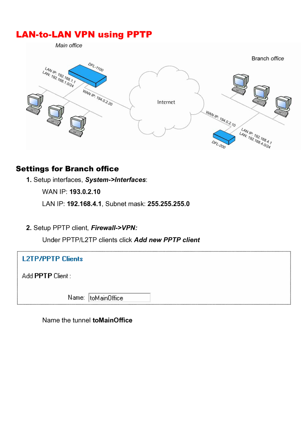 D-Link DFL-200 manual LAN-to-LAN VPN using Pptp, LAN IP 192.168.4.1, Subnet mask 