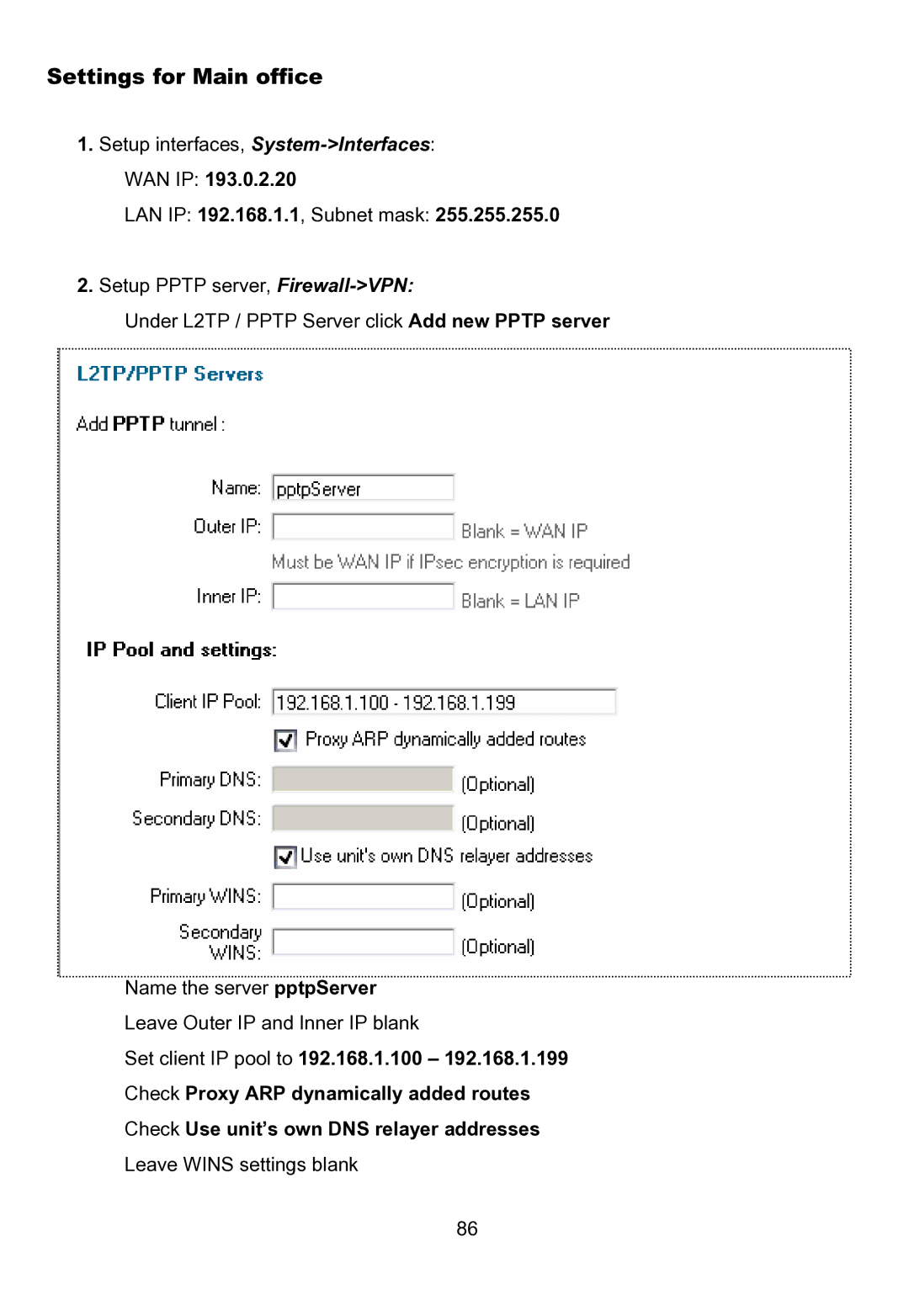 D-Link DFL-200 manual Settings for Main office 