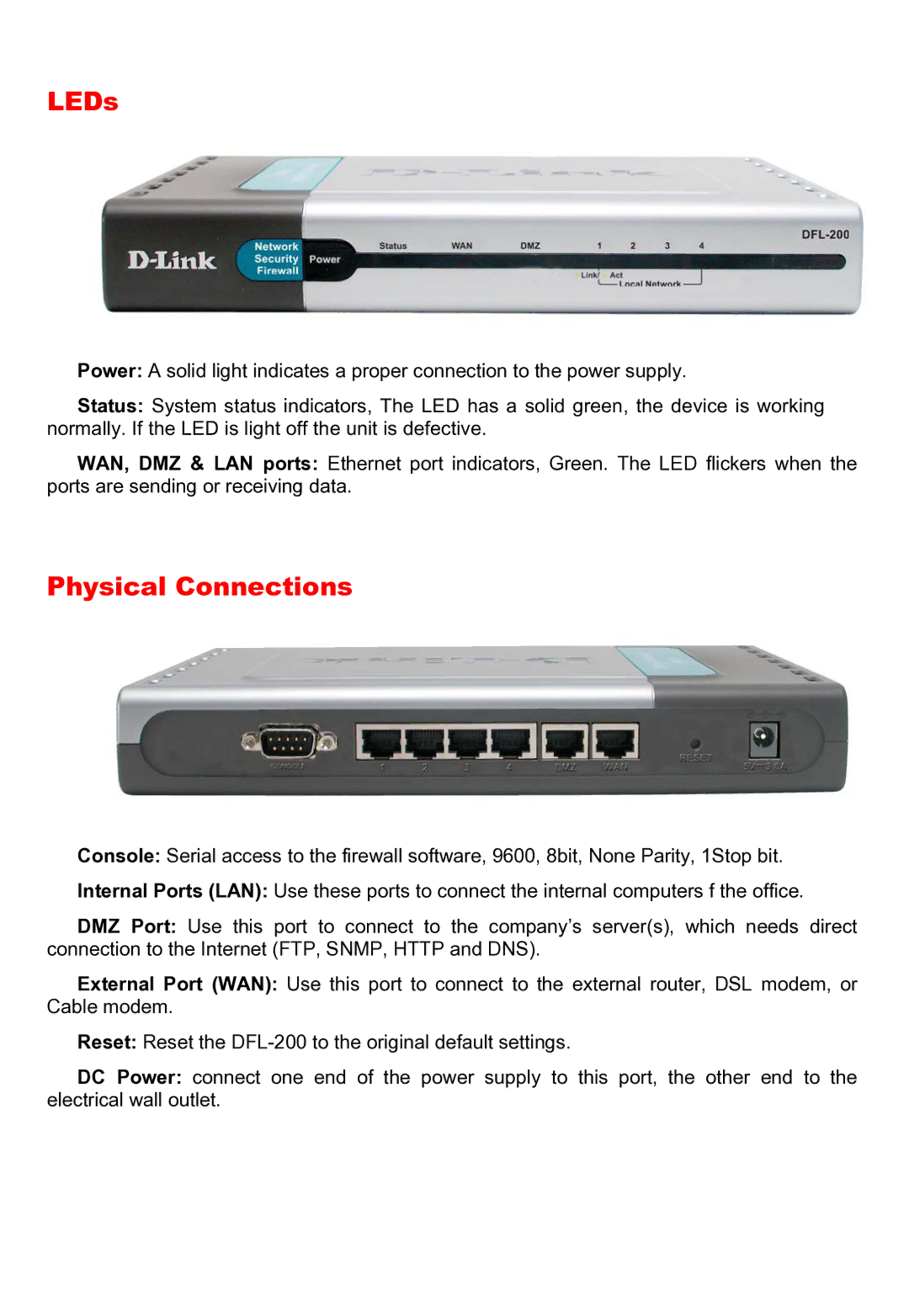 D-Link DFL-200 manual LEDs, Physical Connections 