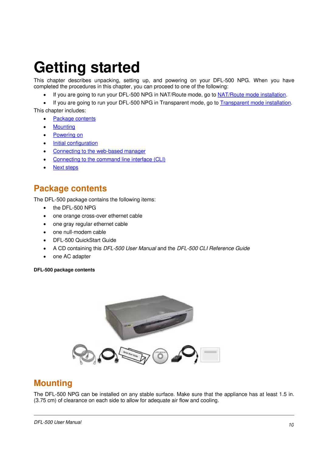 D-Link DFL-500 user manual Getting started, Package contents, Mounting 