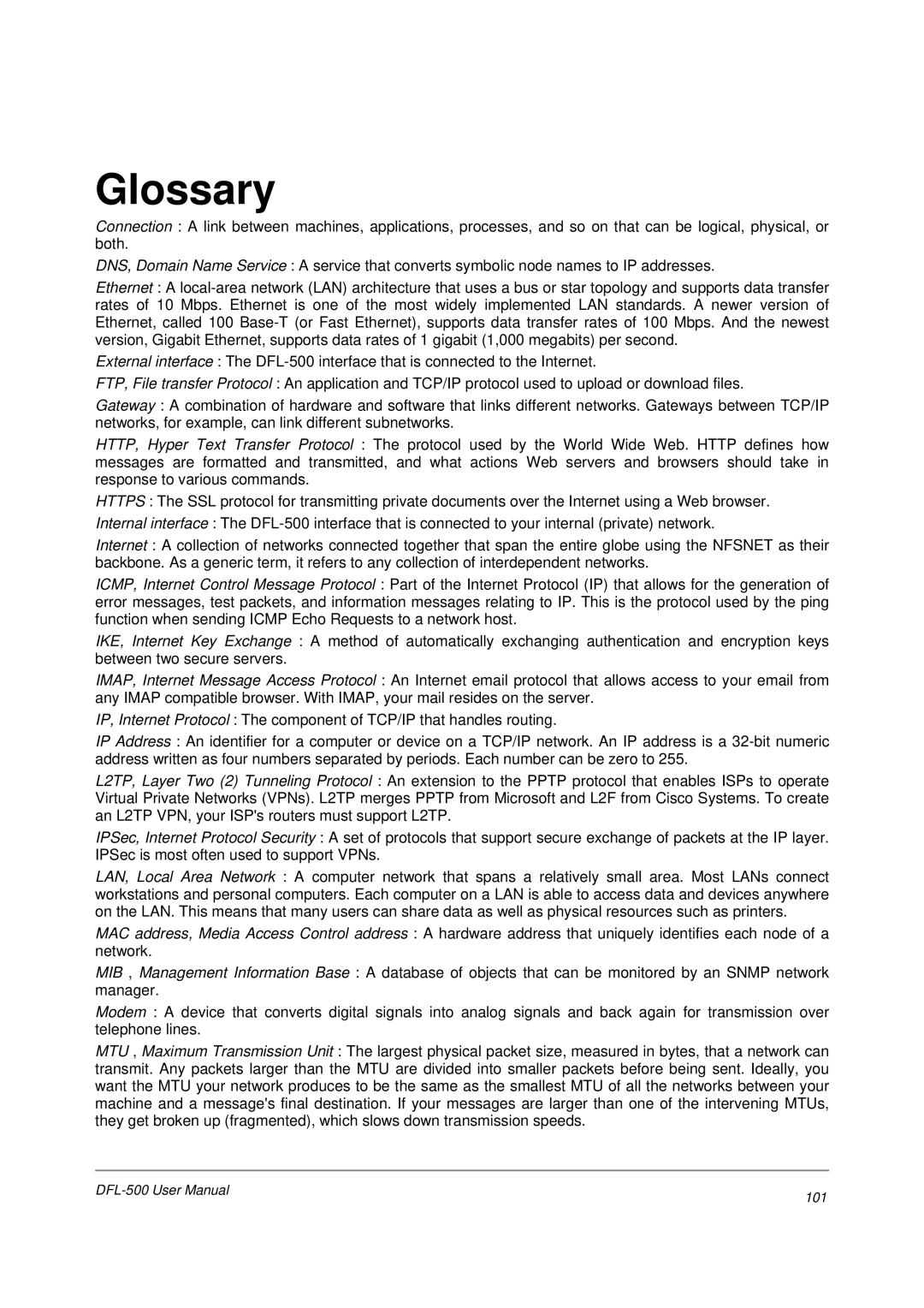 D-Link DFL-500 user manual Glossary, 101 