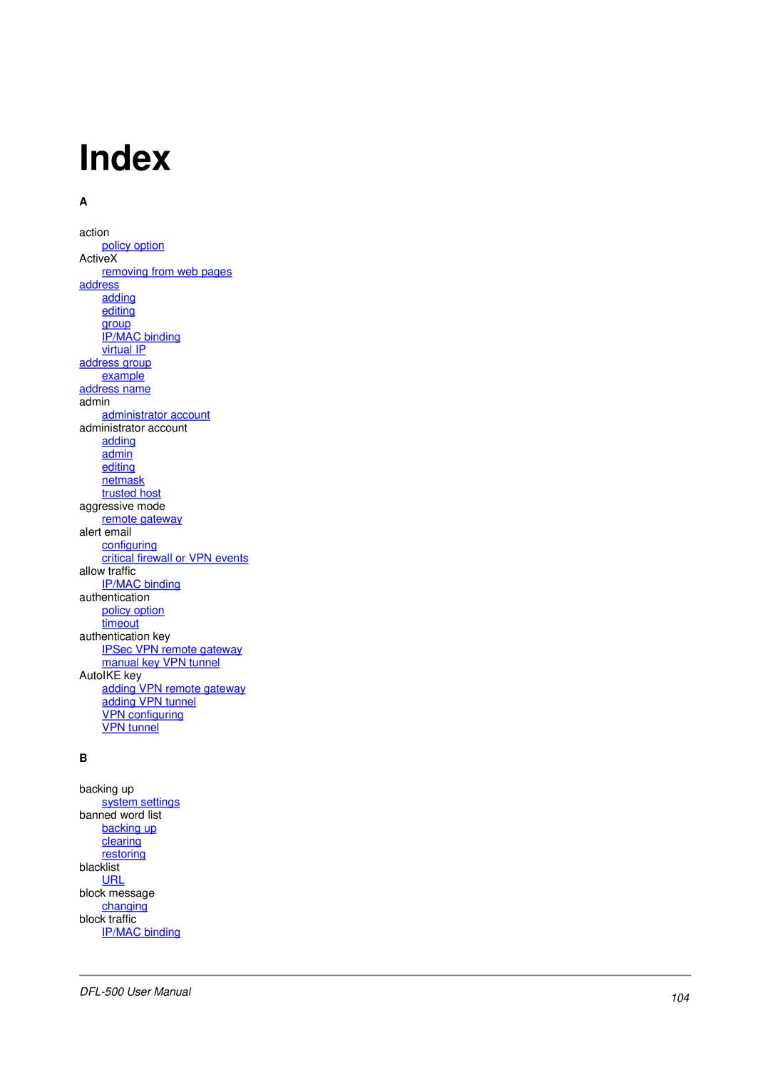 D-Link DFL-500 user manual Index, 104 