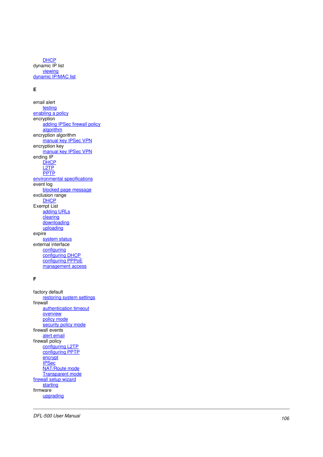 D-Link DFL-500 user manual Dhcp, 106 