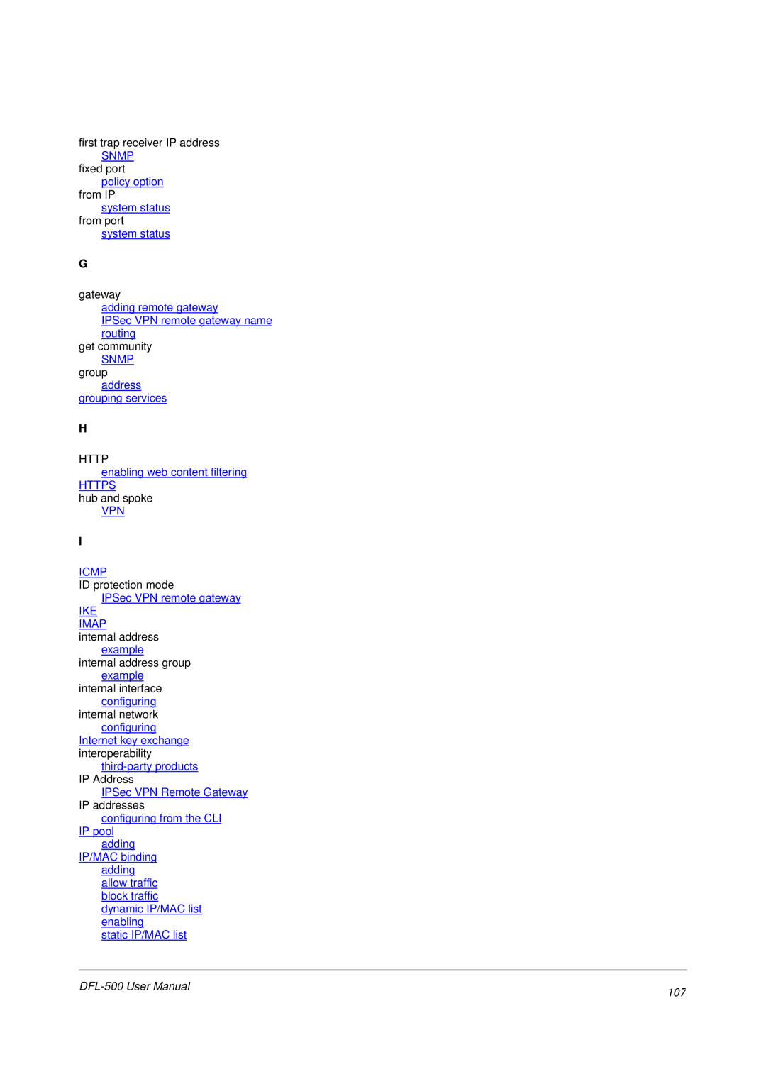 D-Link DFL-500 user manual Snmp, 107 