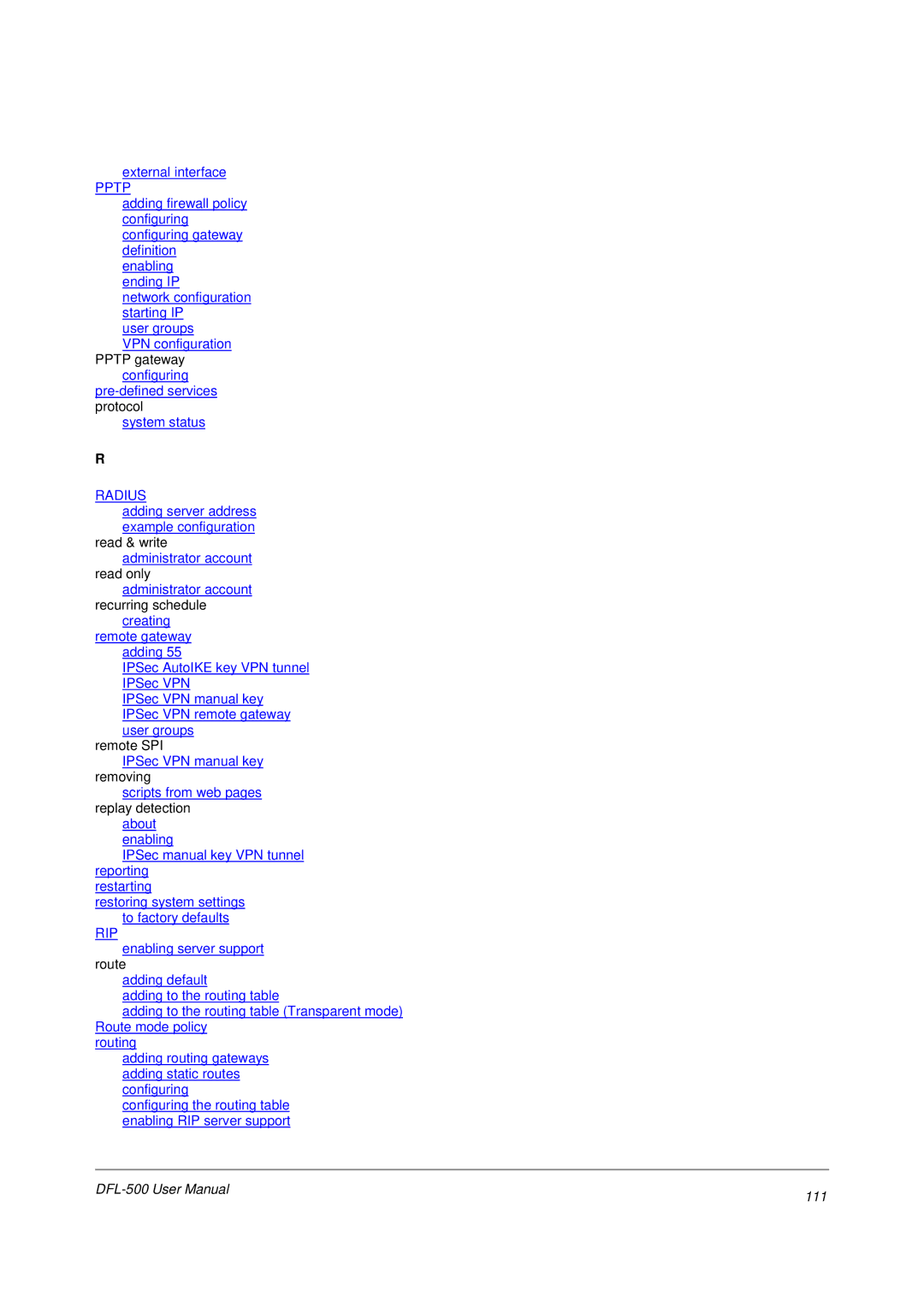 D-Link DFL-500 user manual Pptp, 111 