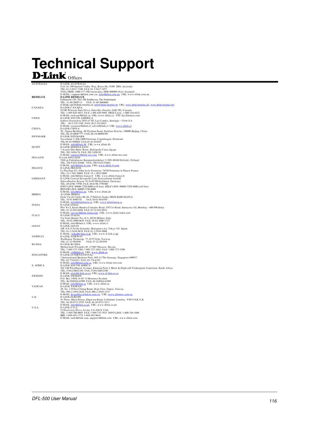 D-Link DFL-500 user manual Technical Support, 116 