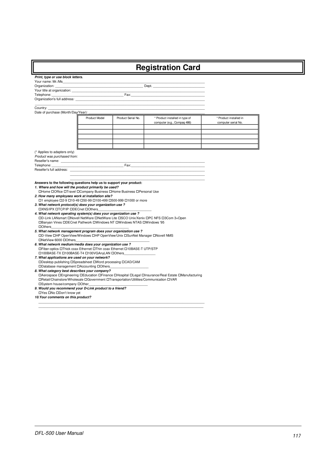 D-Link DFL-500 user manual Registration Card, 117 