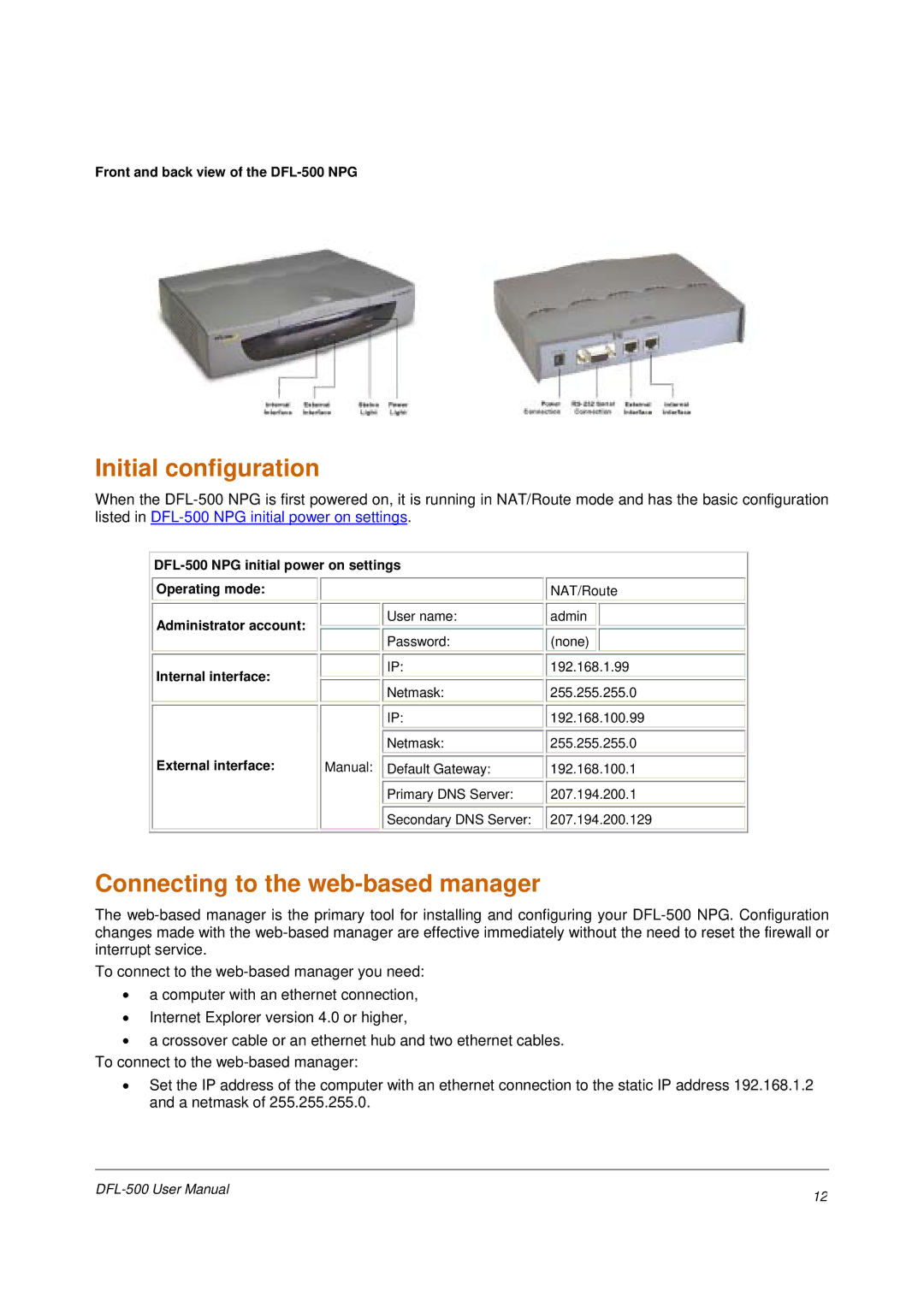 D-Link DFL-500 user manual Initial configuration, Connecting to the web-based manager 