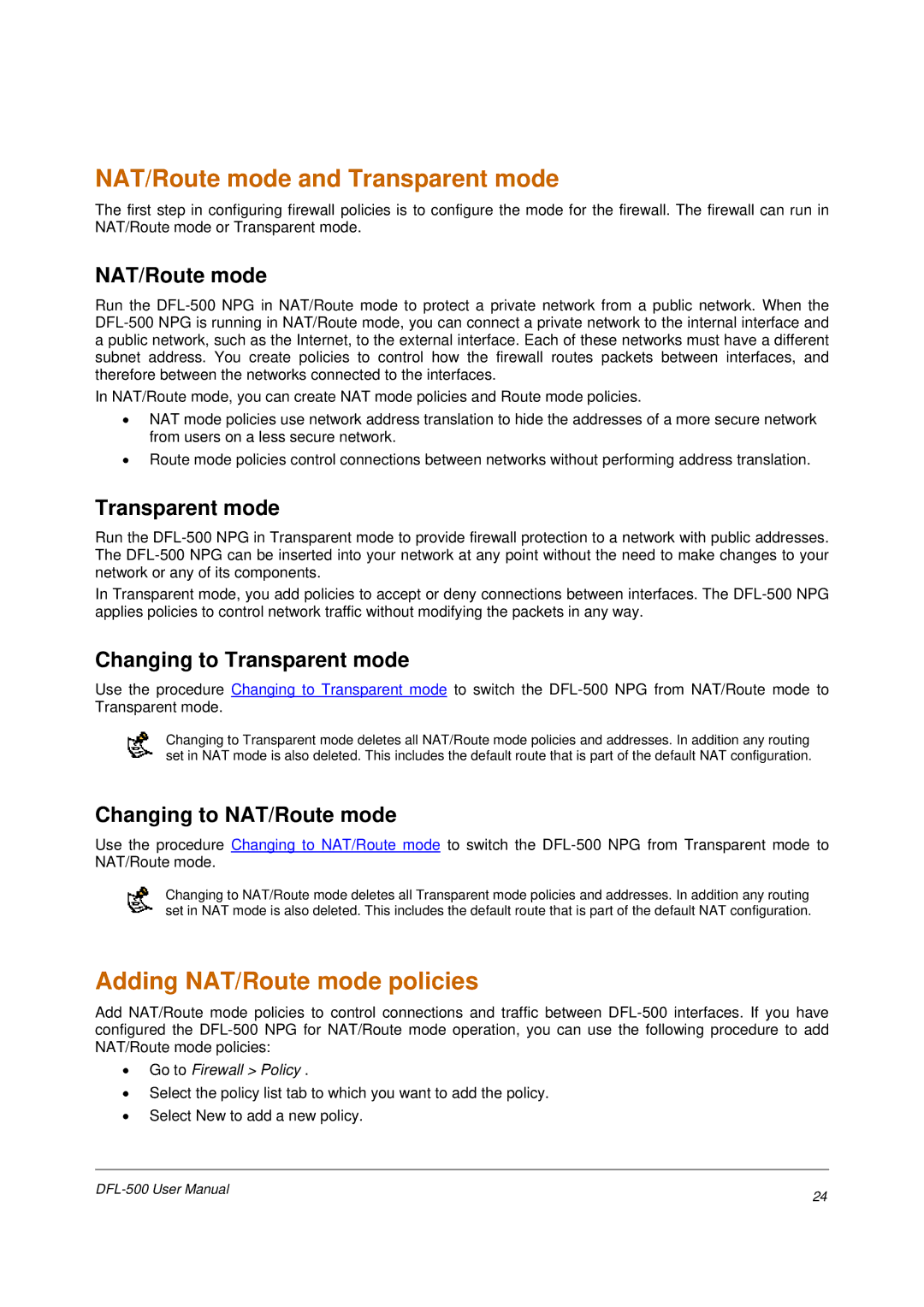 D-Link DFL-500 user manual Adding NAT/Route mode policies, Changing to NAT/Route mode, Go to Firewall Policy 