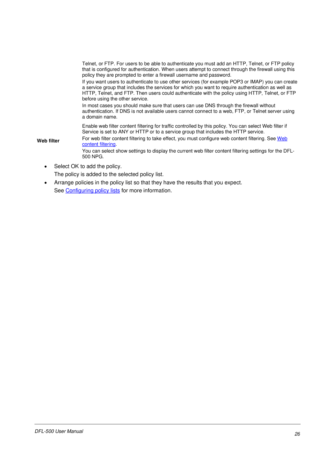 D-Link DFL-500 user manual Web filter, Content filtering 