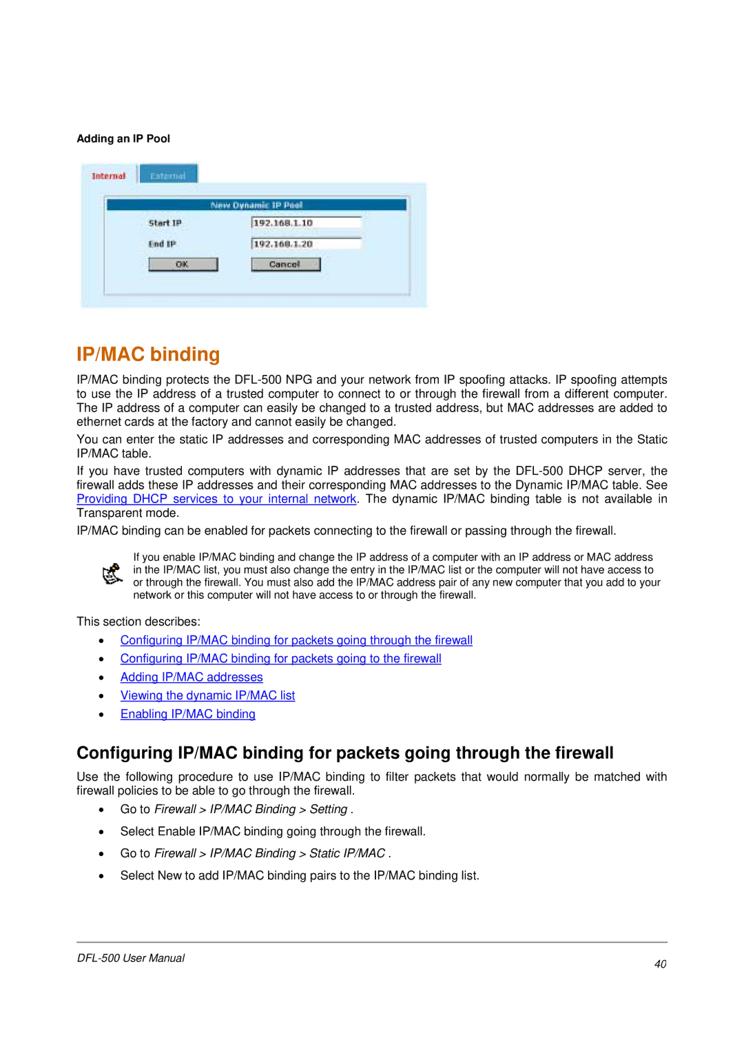 D-Link DFL-500 IP/MAC binding, Go to Firewall IP/MAC Binding Setting, Go to Firewall IP/MAC Binding Static IP/MAC 