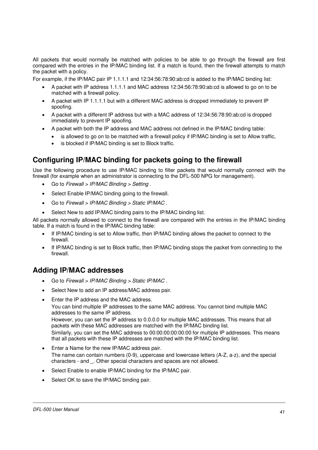 D-Link DFL-500 user manual Configuring IP/MAC binding for packets going to the firewall, Adding IP/MAC addresses 