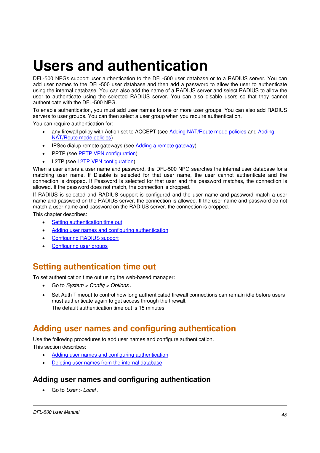 D-Link DFL-500 Users and authentication, Setting authentication time out, Adding user names and configuring authentication 