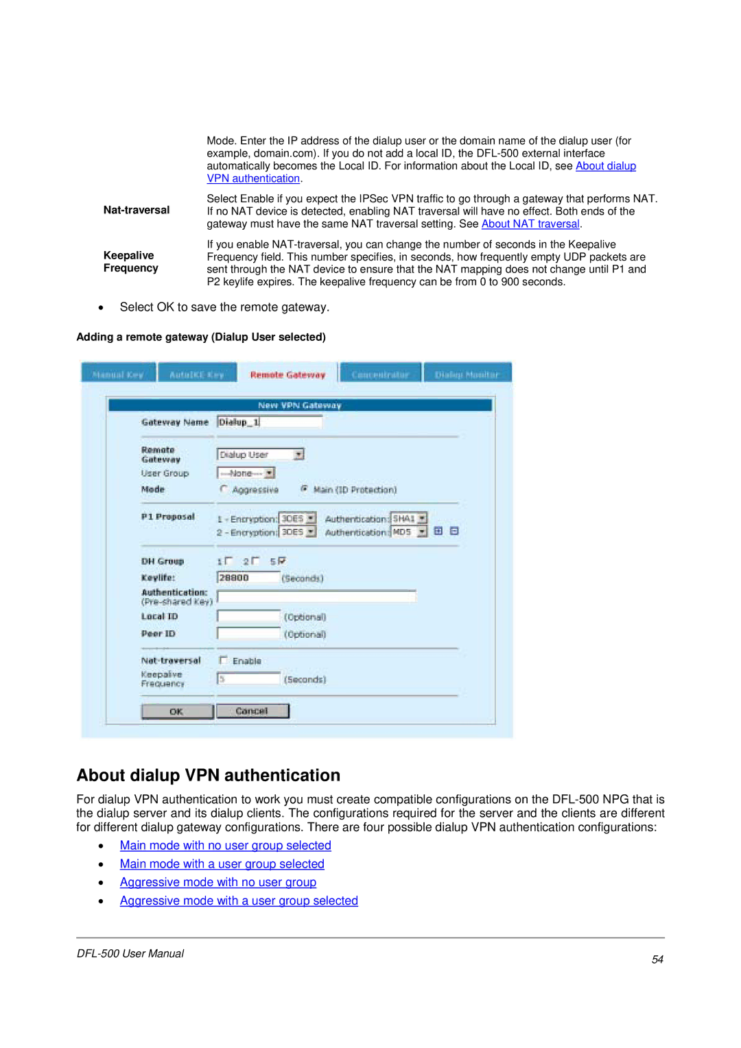 D-Link DFL-500 user manual About dialup VPN authentication, Nat-traversal Keepalive Frequency 