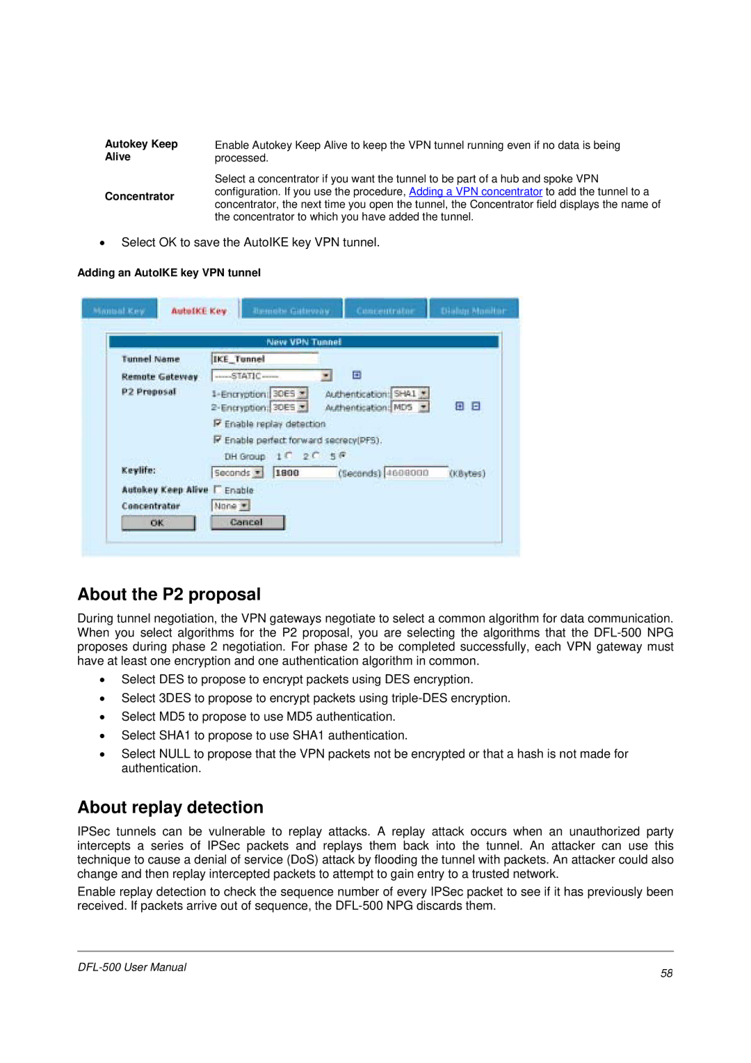 D-Link DFL-500 user manual About the P2 proposal, About replay detection, Autokey Keep Alive Concentrator 