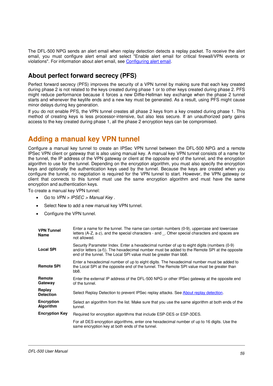 D-Link DFL-500 user manual Adding a manual key VPN tunnel, About perfect forward secrecy PFS, Go to VPN Ipsec Manual Key 