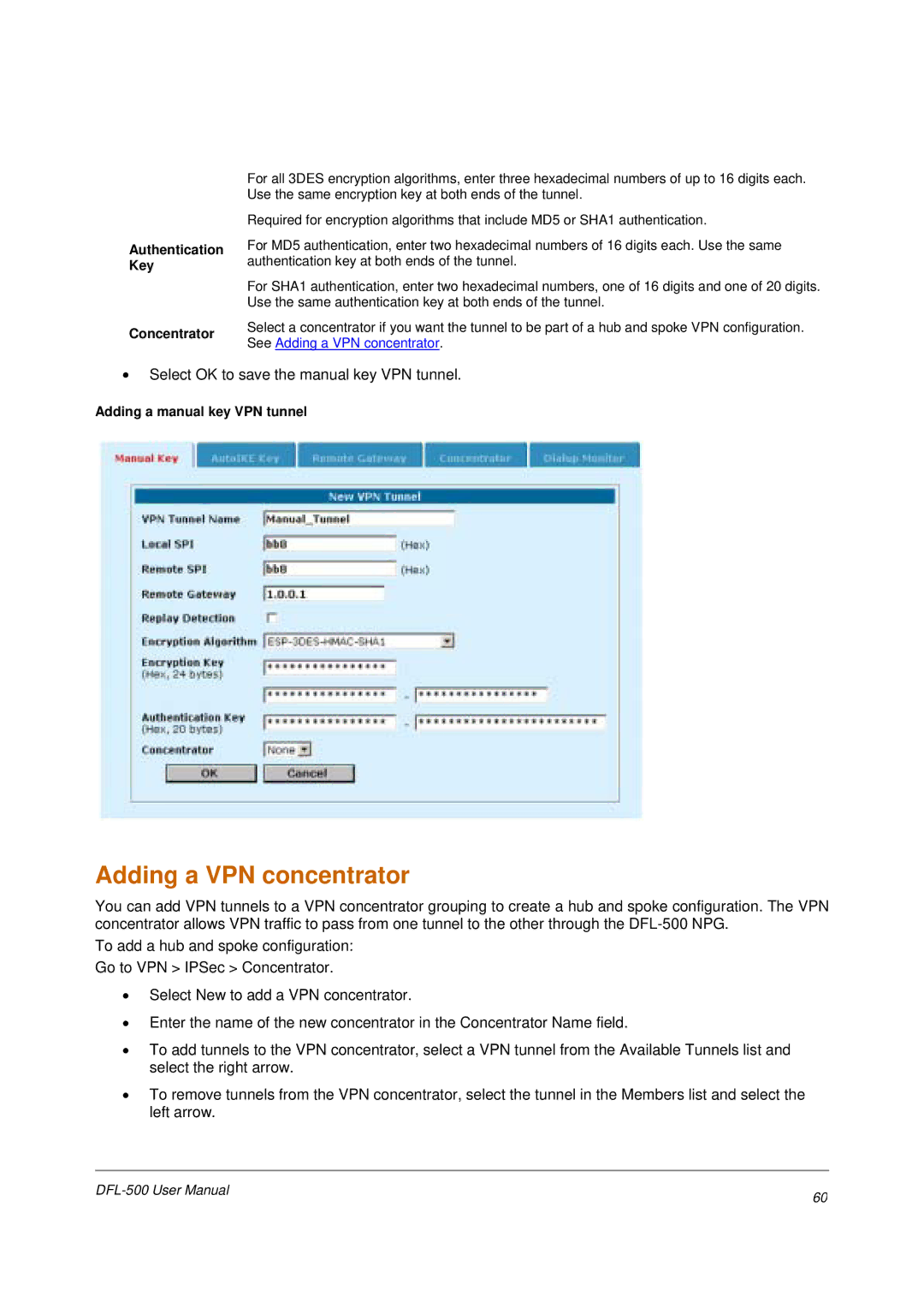 D-Link DFL-500 user manual Adding a VPN concentrator, Adding a manual key VPN tunnel 