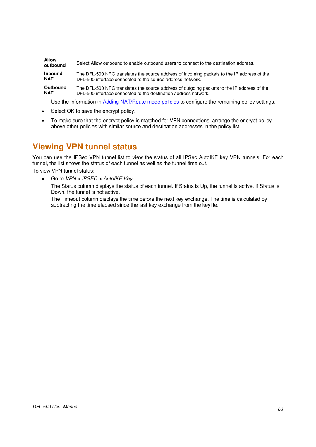 D-Link DFL-500 user manual Viewing VPN tunnel status, Allow outbound Inbound 