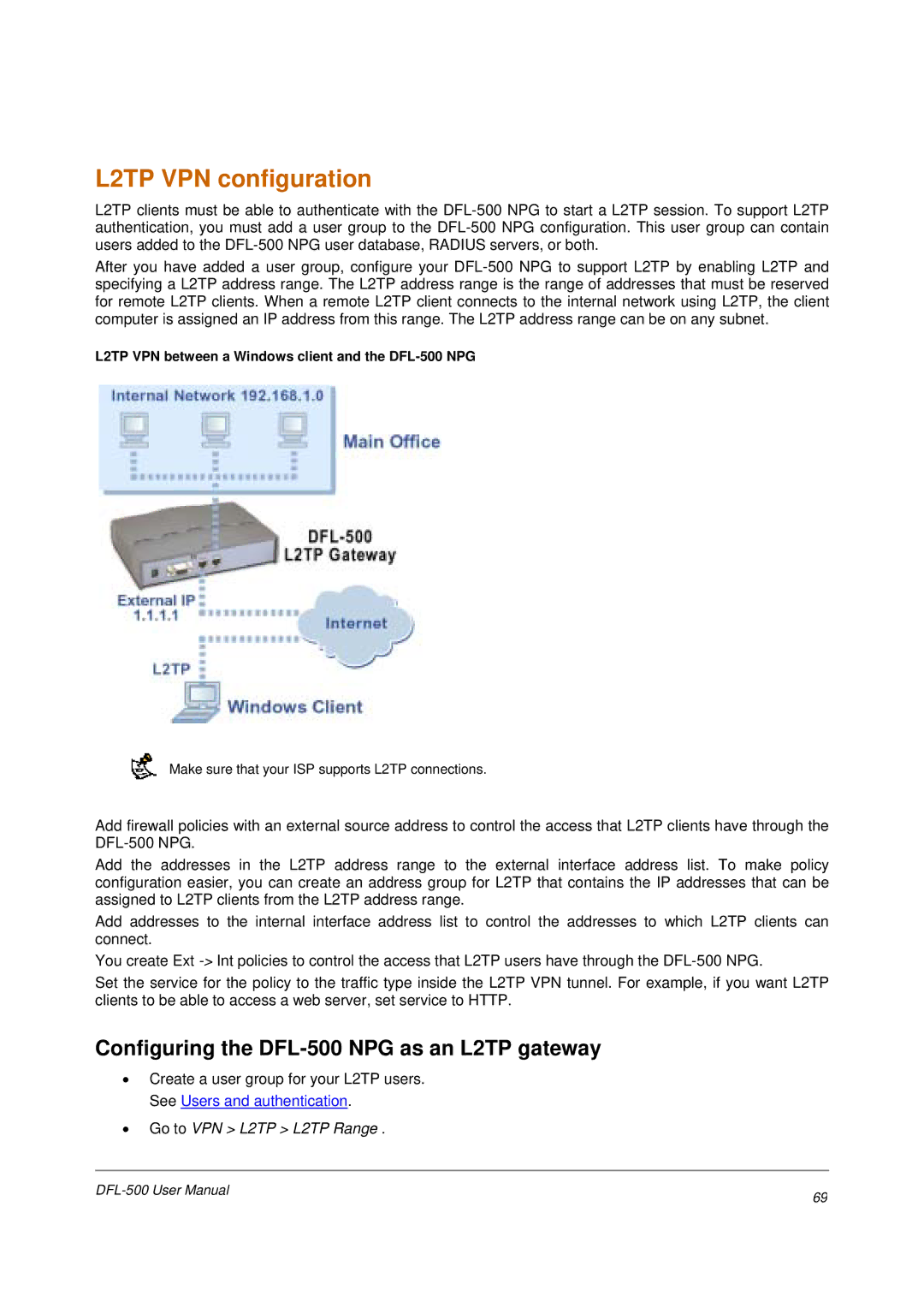 D-Link user manual L2TP VPN configuration, Configuring the DFL-500 NPG as an L2TP gateway, Go to VPN L2TP L2TP Range 