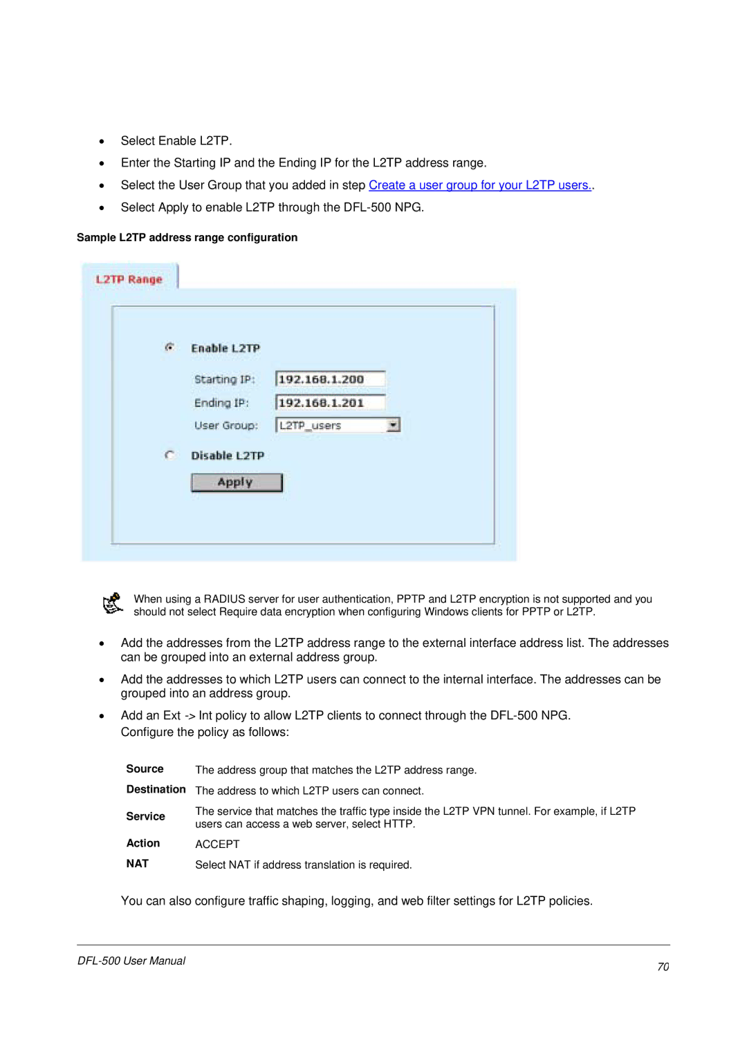 D-Link DFL-500 user manual Sample L2TP address range configuration 