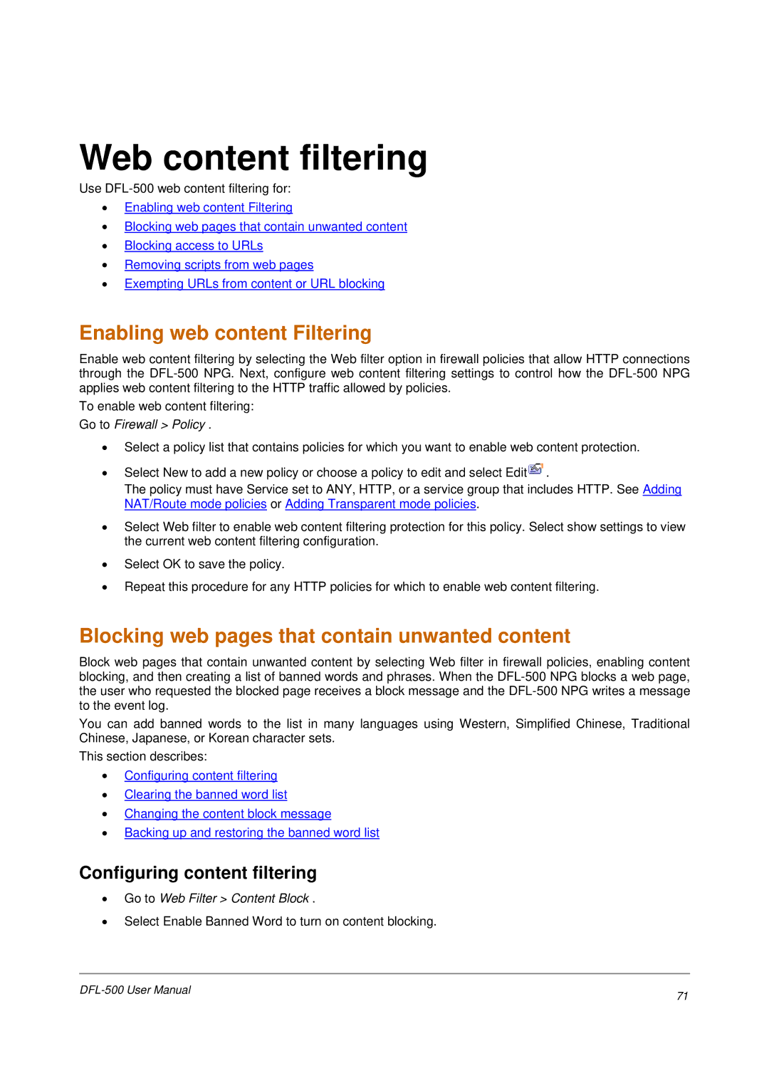 D-Link DFL-500 Web content filtering, Enabling web content Filtering, Blocking web pages that contain unwanted content 