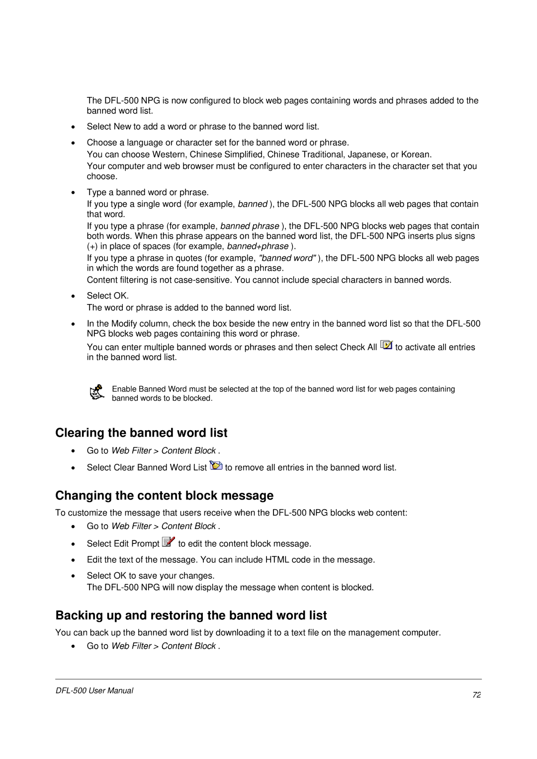 D-Link DFL-500 user manual Clearing the banned word list, Changing the content block message 