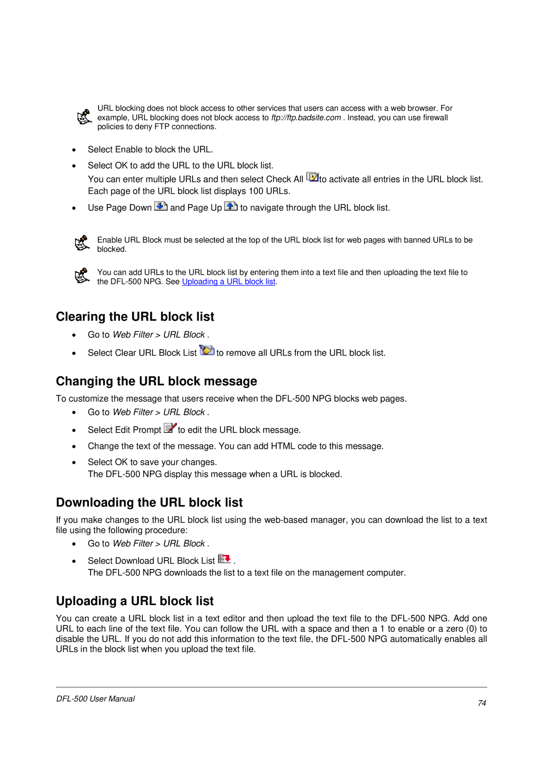 D-Link DFL-500 user manual Clearing the URL block list, Changing the URL block message, Downloading the URL block list 